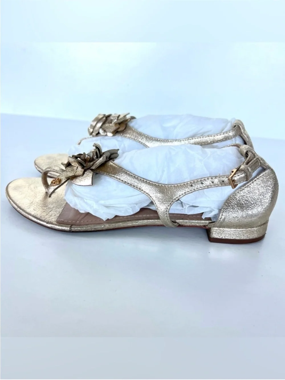 TORY BURCH Blossom Floral Gold Leather  Thong Flat Buckle Strap Sandals Sz 9 1/2